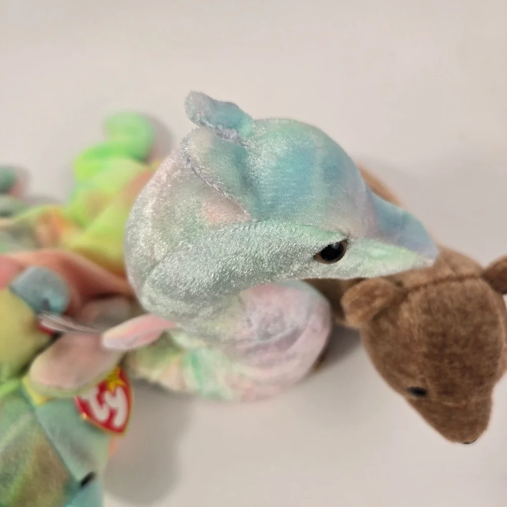 Ty Beanie Babies Lot Neon Seahorse Fuzz Bear Sammy Bear Tie Dye Plush Bundle 3pc